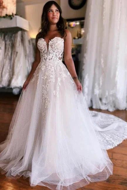 A-Line Sleeveless Floor-Length Tulle Sweetheart Wedding Dresses with Appliques