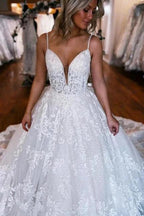 A-Line Spaghetti Straps Floor-Length Sweetheart Appliques Wedding Dresses with Lace