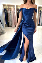 A-Line Stain Royal Blue Sweetheart Split Front Off-the-Shoulder Strapless Prom Dresses with Ruffles