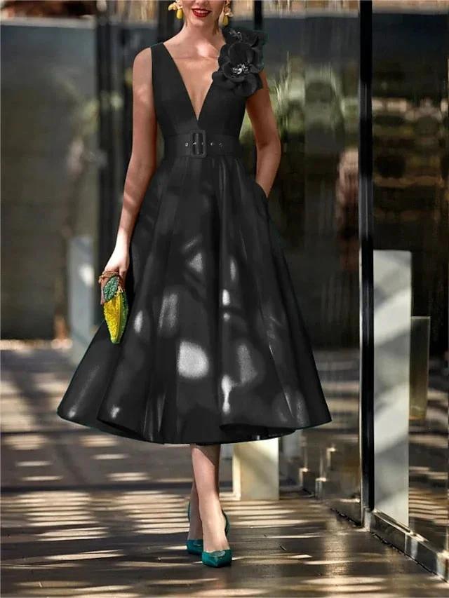 A-Line/Princess V Neck Sleeveless Tea-Length Mother of the Bride Dresses with Belt Ruffles Applique