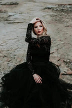A-Line Lace Appliqued Black Wedding Dress Boho Bridal Gown WD744