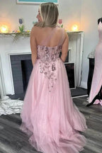 A-Line One Shoulder Appliques Tulle Pink Long Prom Dress PSK584