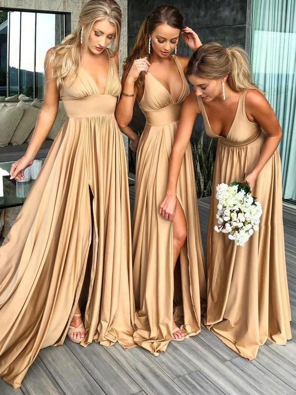 A-Line V-Neck Sweep Train Straw Spandex Prom Party Dress with Split PG658
