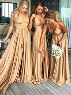 A-Line V-Neck Sweep Train Straw Spandex Prom Party Dress with Split PG658