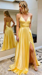 Satin Prom Dresses V-neckline Slit In Prom Dress SYP3