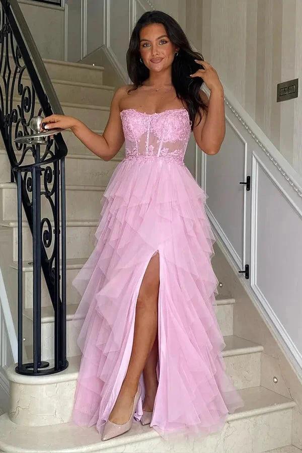 A-Line Ruffles Appliques Corset Pink Long Prom Dress with Slit PSK604