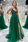 A-line Dark Green V Neck Sequined Tulle Prom Dresses PSK486