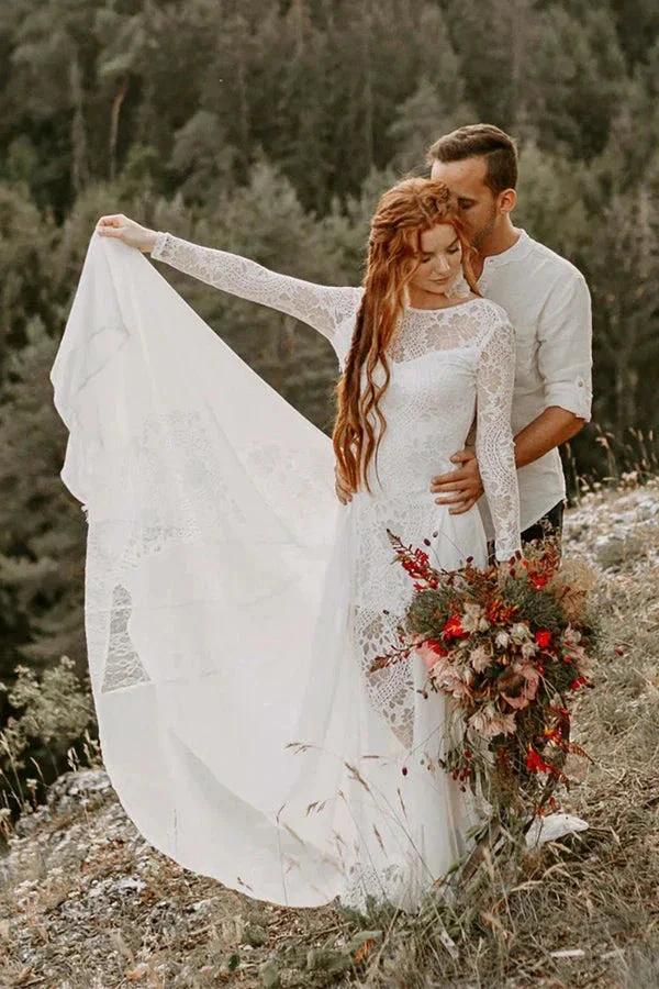 A-line Scoop Neck Backless Long Sleeves Beach Wedding Dresses WD703