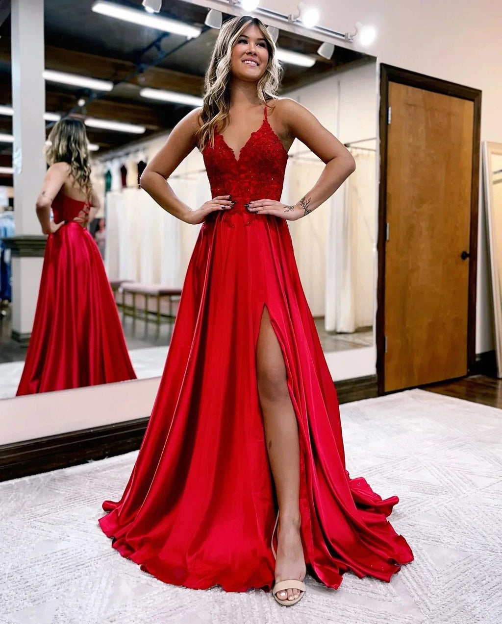 Sunnderly A-line Spaghetti Straps Corset Back Prom Dress With Split
