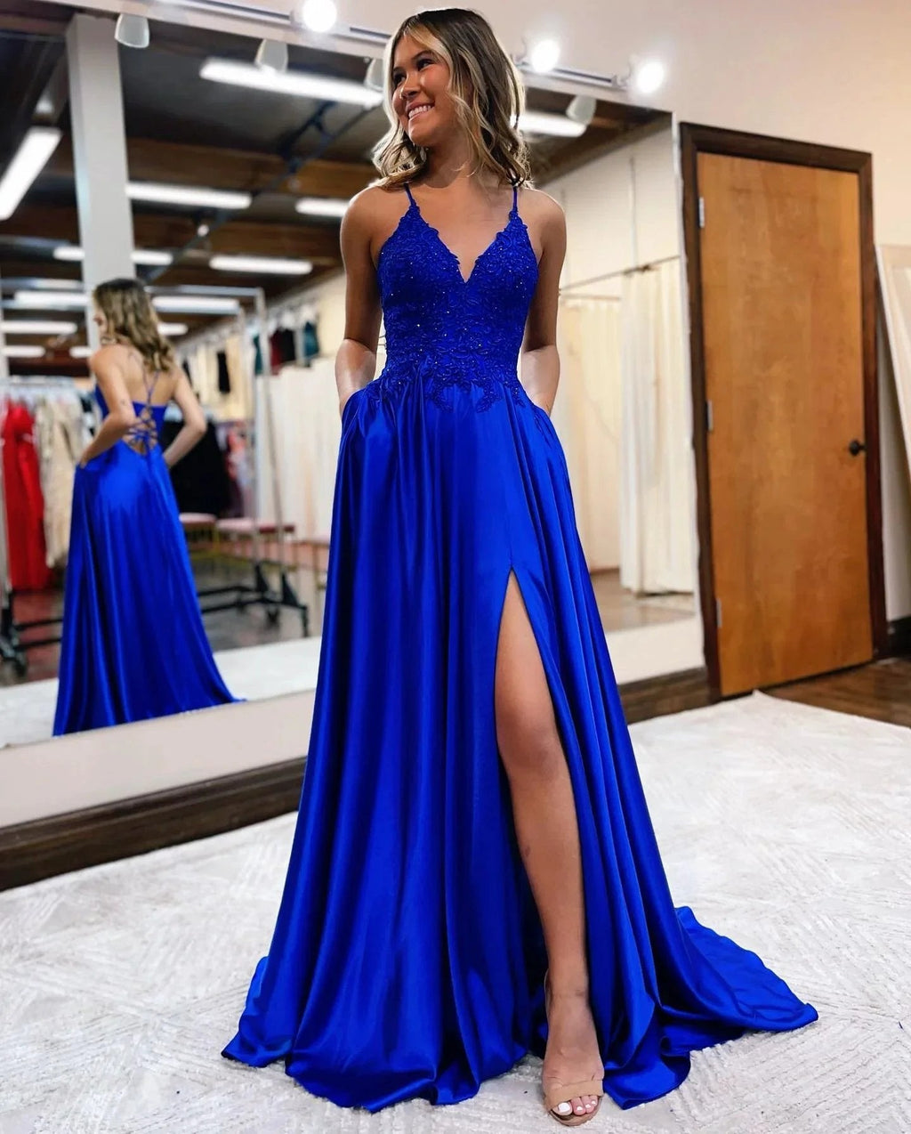 Sunnderly A-line Spaghetti Straps Corset Back Prom Dress With Split
