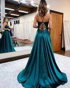 Sunnderly A-line Spaghetti Straps Corset Back Prom Dress With Split