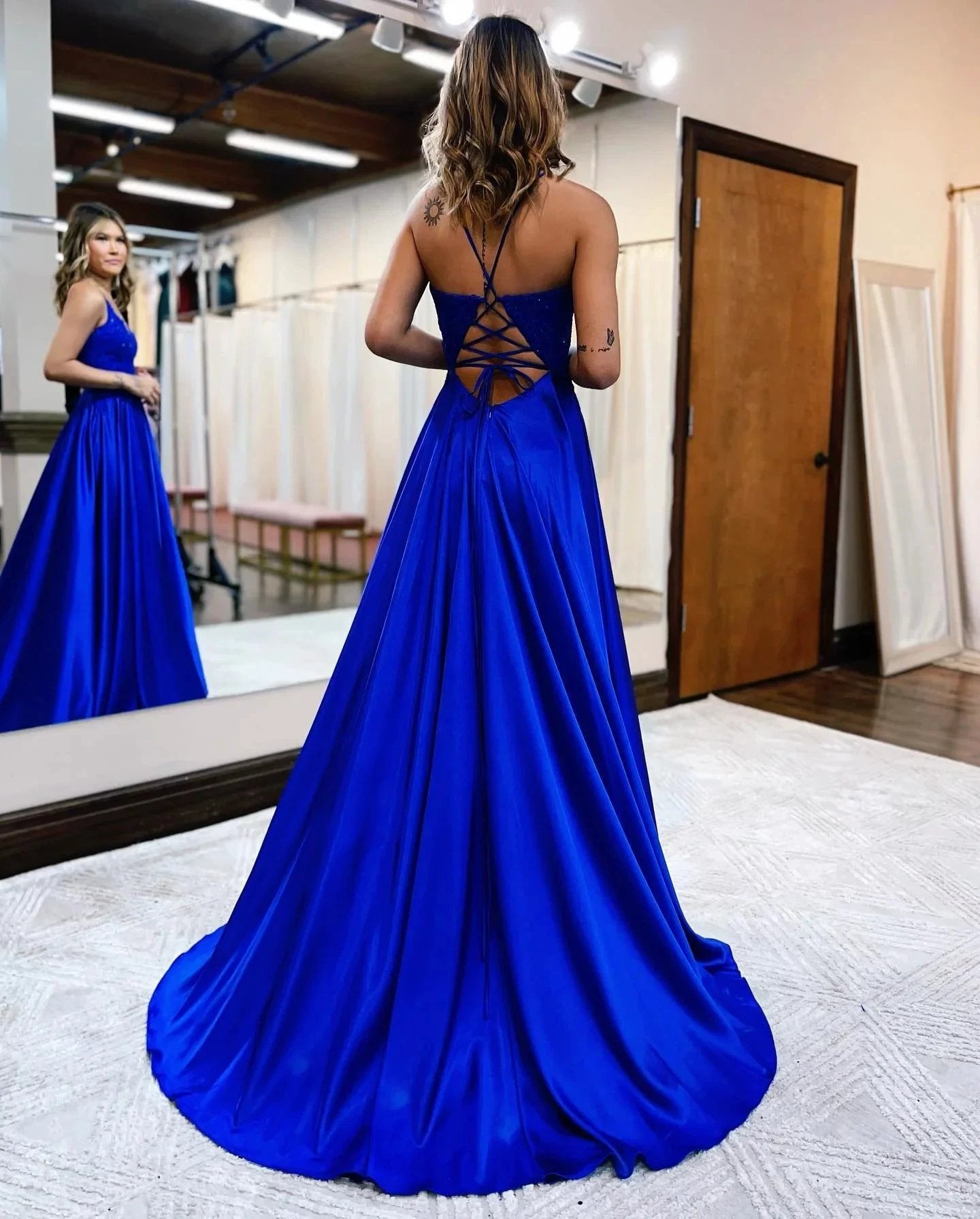 Sunnderly A-line Spaghetti Straps Corset Back Prom Dress With Split