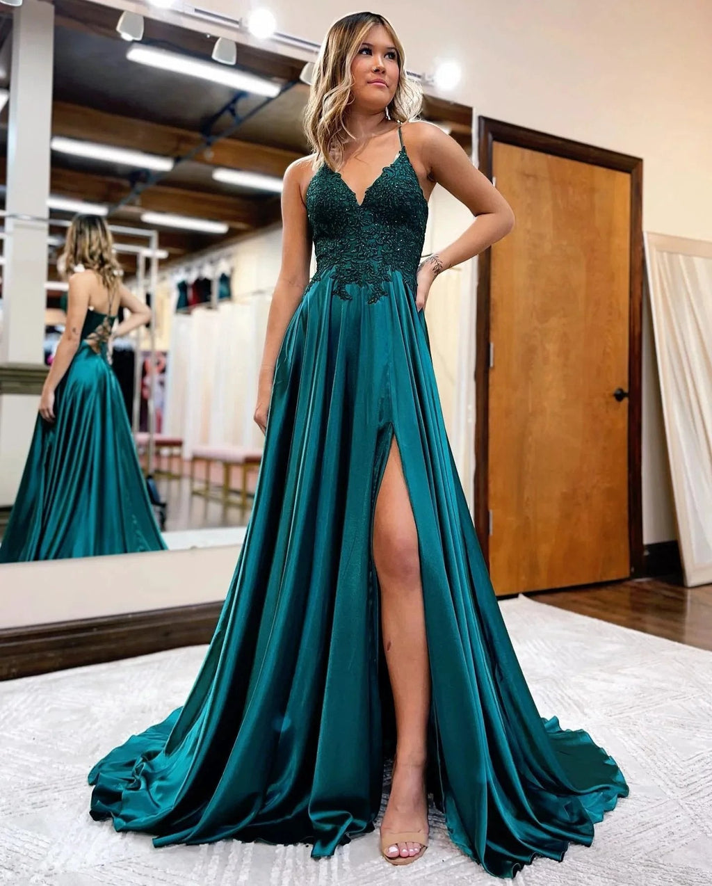 Sunnderly A-line Spaghetti Straps Corset Back Prom Dress With Split
