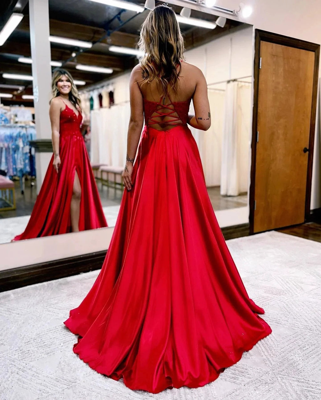 Sunnderly A-line Spaghetti Straps Corset Back Prom Dress With Split