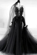 A-line V Neck Black Long Prom Dress Floral Evening Dress PSK431