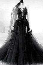 A-line V Neck Black Long Prom Dress Floral Evening Dress PSK431