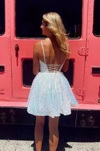 A-line V Neck Sequin Pink Homecoming Dresses Short Party Dresses PD489