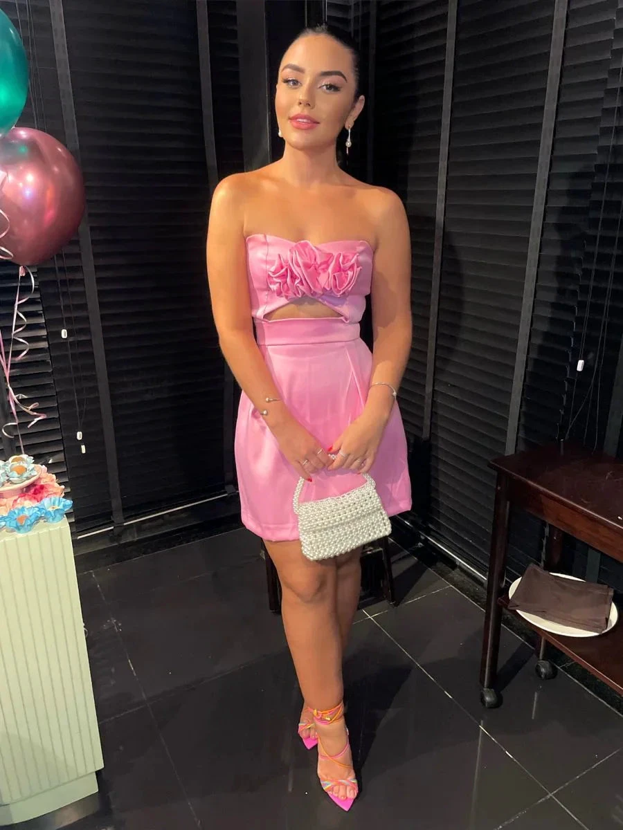 Strapless Pink Homecoming Dress Chic Pink Party Dress Y2138
