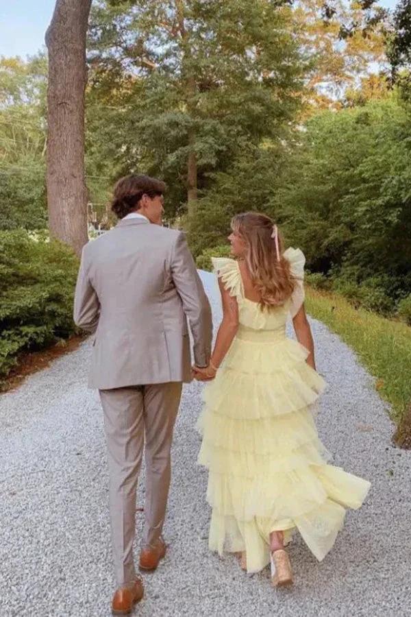 A Line Princess Tulle Layered Yellow Long Prom Dress PSK599