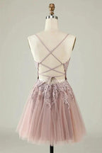 A Line Spaghetti Straps Tulle Short Grey Blue Homecoming Dress PD527