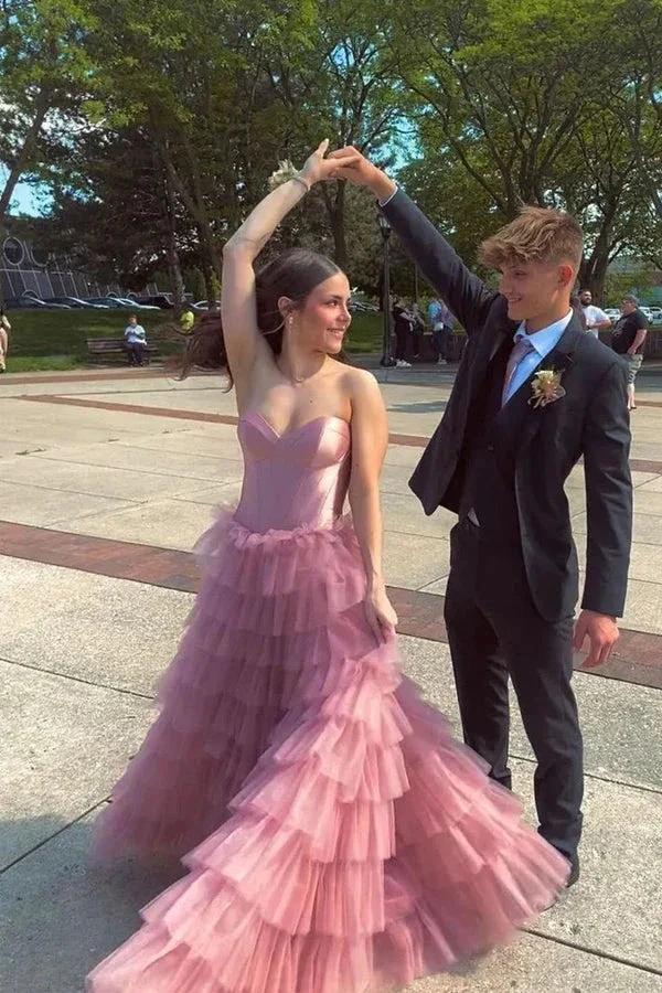 A Line Sweetheart Layered Tulle Rose Pink Long Prom Dress PSK600