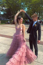 A Line Sweetheart Layered Tulle Rose Pink Long Prom Dress PSK600