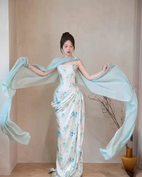 Pretty Satin Print Floral Prom Dress Blue Mermaid Evening Dress Y8543