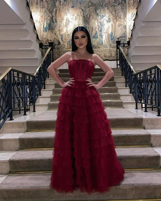 Elegant Strapless A-line Multi-layered Evening Dress Chic Gala Dress Y5331