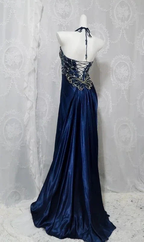Gorgeous Halter Satin Beaded Slit Evening Dress Formal Party Prom Dress Y7927
