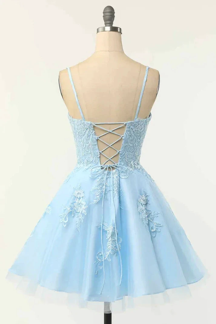 Light Blue A-line Spaghetti Straps Lace-Up Back Applique Mini Homecoming Dress Y2417
