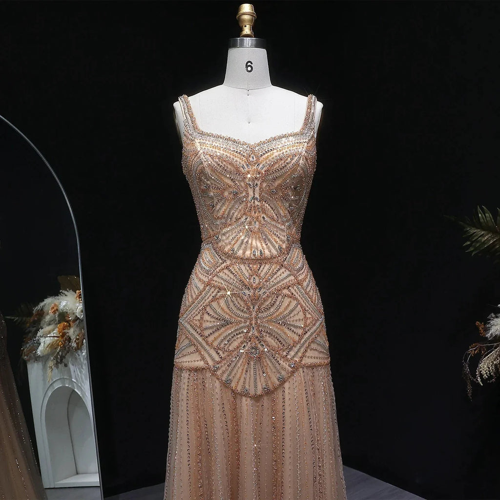Champagne Beaded Mermaid Evening Dress Luxury Saudi Wedding Gown Customized