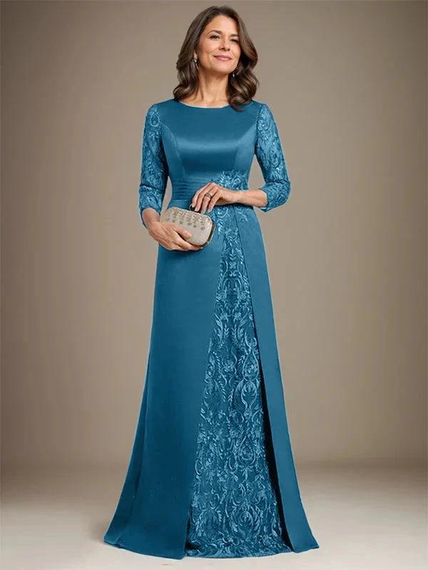A-Line Scoop Floor-Length Lace Satin Mother Of the Bride Dress With Applique