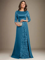 A-Line Scoop Floor-Length Lace Satin Mother Of the Bride Dress With Applique