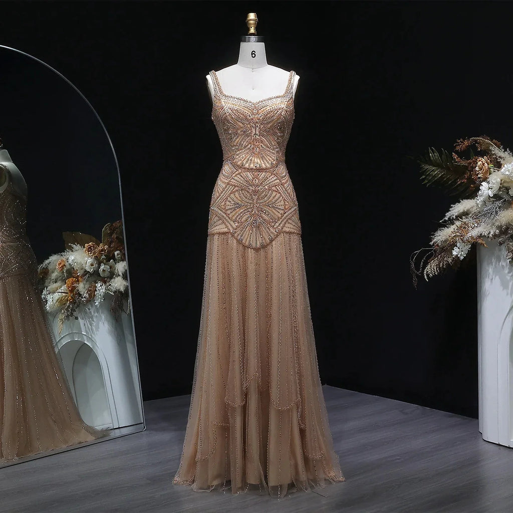 Champagne Beaded Mermaid Evening Dress Luxury Saudi Wedding Gown Customized