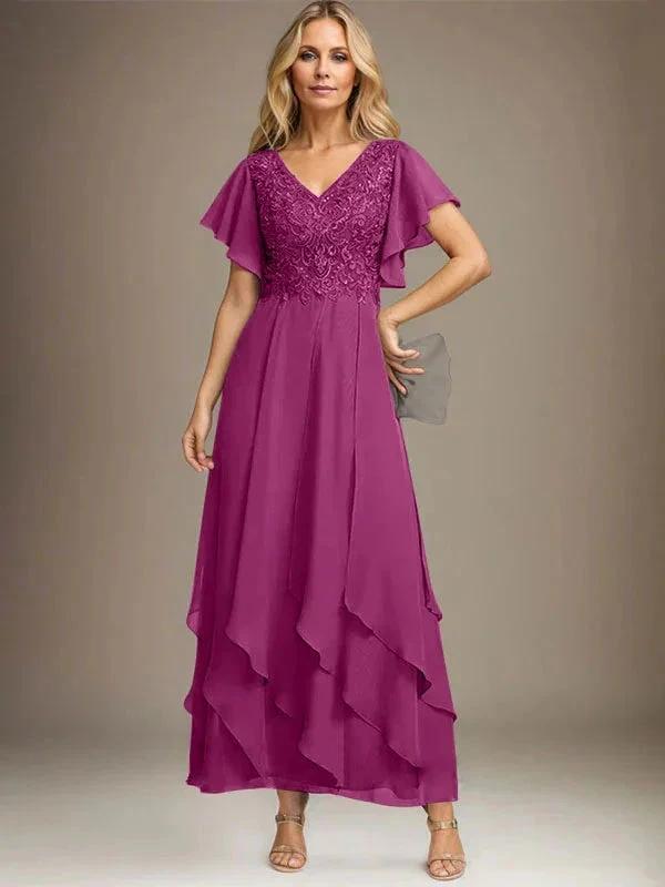 A-line V-Neck Ankle-Length Lace Chiffon Mother of the Bride Dress With Cascading Ruffles