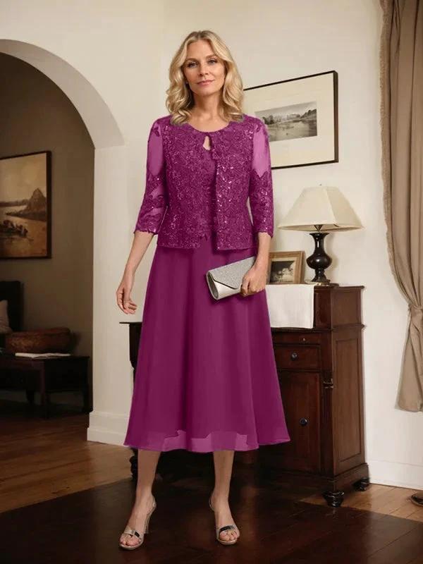 A-line Scoop Tea-Length Lace Chiffon Mother of the Bride Dress With Sequins