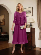 A-line Scoop Tea-Length Lace Chiffon Mother of the Bride Dress With Sequins