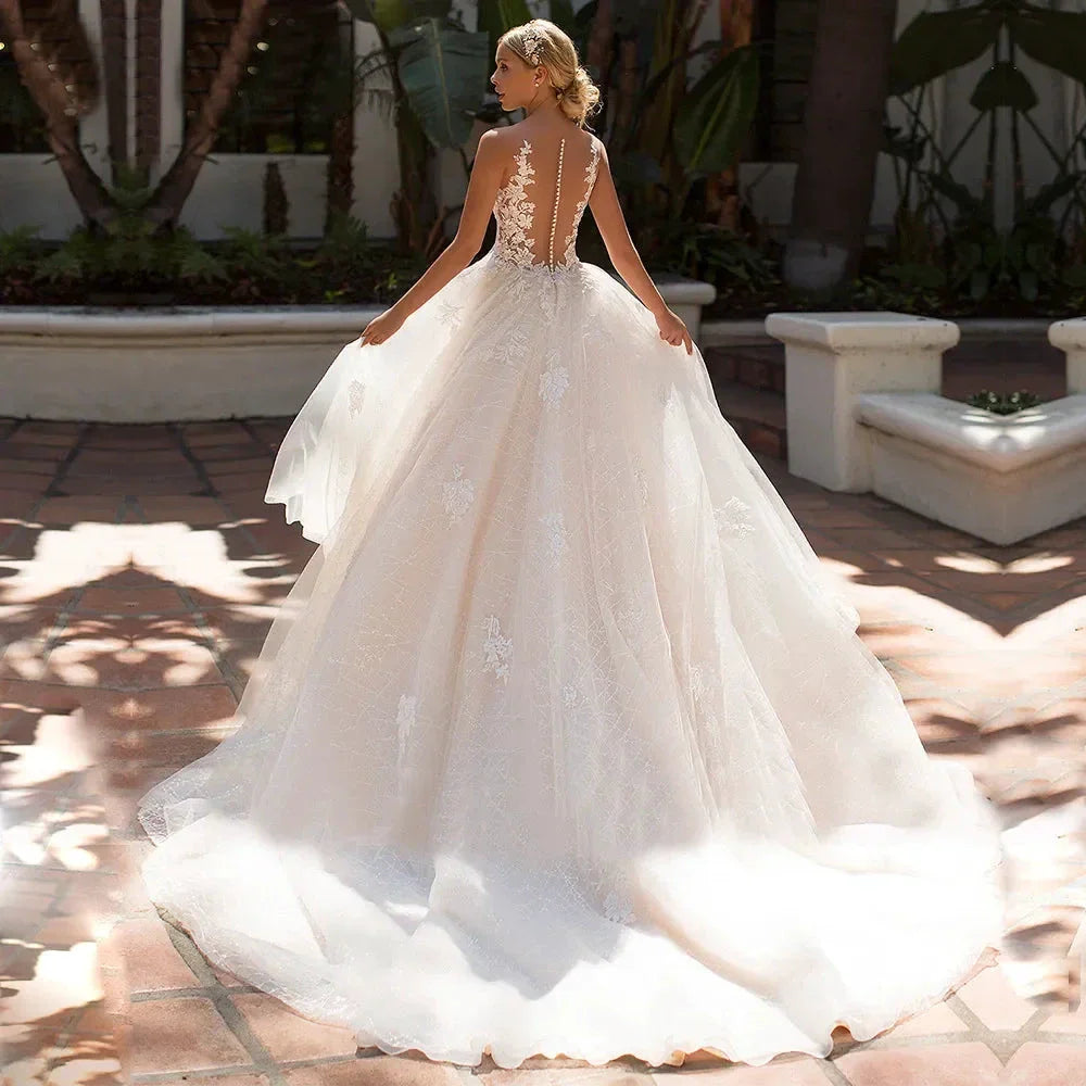 Appliques Vestido De Noiva Deep V-neck Backless Vestidos De Novia Sleeveless Wedding Dresses Lace Robe De Mariée