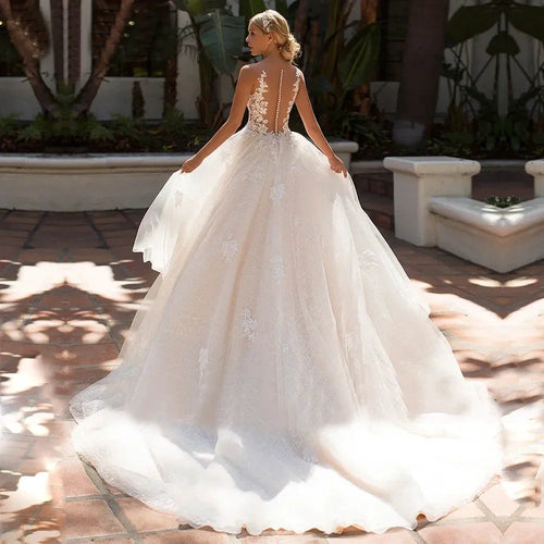 Appliques Vestido De Noiva Deep V-neck Backless Vestidos De Novia Sleeveless Wedding Dresses Lace Robe De Mariée