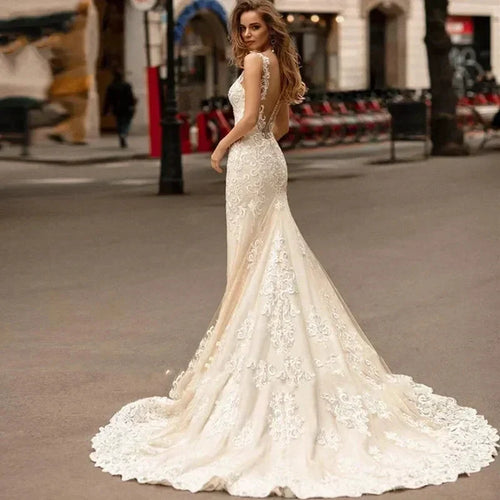 Appliques Vestido De Noiva Deep V-neck Mermaid Vestidos De Novia Vintage Wedding Dresses Lace Robe De Mariée