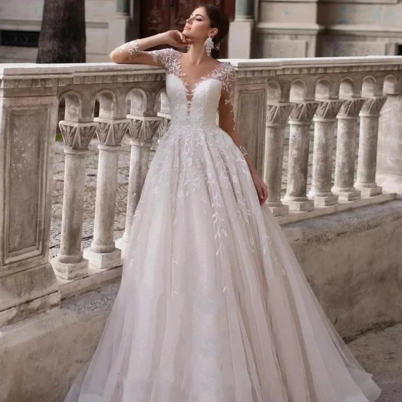 Appliques Vestido De Noiva Deep V-neck Vestidos De Novia Long Sleeves Wedding Dresses Lace Robe De Mariée