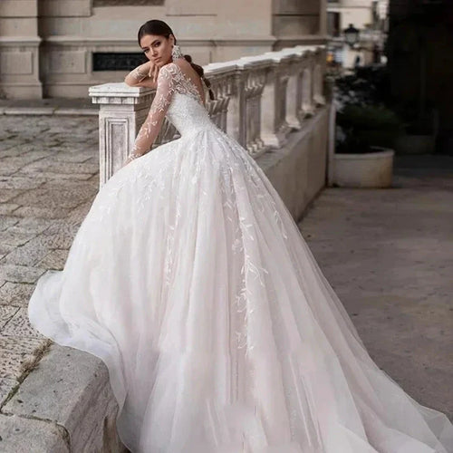 Appliques Vestido De Noiva Deep V-neck Vestidos De Novia Long Sleeves Wedding Dresses Lace Robe De Mariée