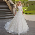 Appliques Vestido De Noiva Ribbons Belt Vestidos De Novia Three Quarter Sleeve Wedding Dresses Lace Robe De Mariée