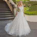 Appliques Vestido De Noiva Ribbons Belt Vestidos De Novia Three Quarter Sleeve Wedding Dresses Lace Robe De Mariée