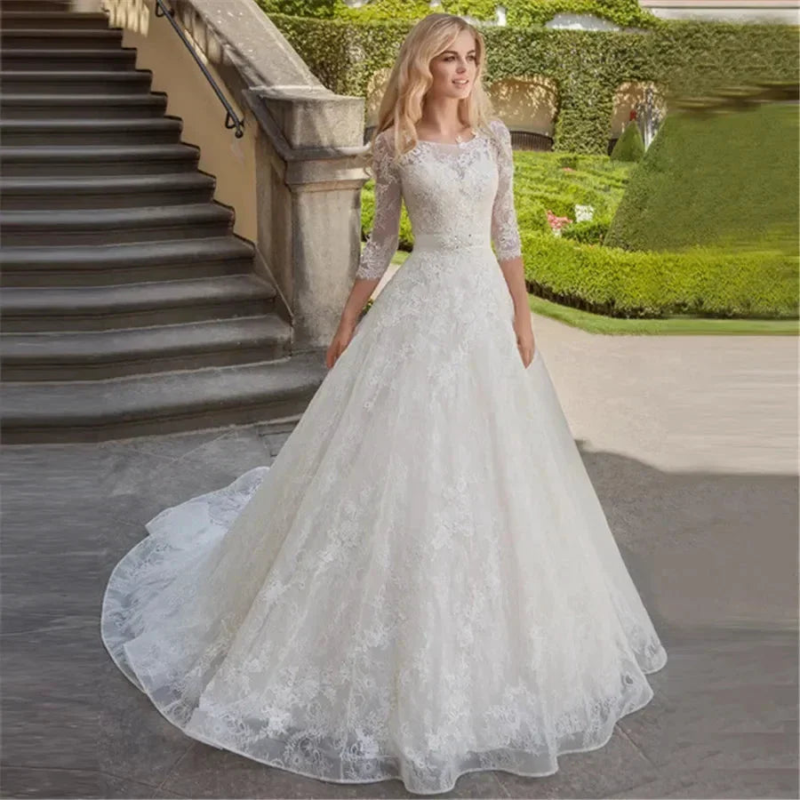 Appliques Vestido De Noiva Ribbons Belt Vestidos De Novia Three Quarter Sleeve Wedding Dresses Lace Robe De Mariée