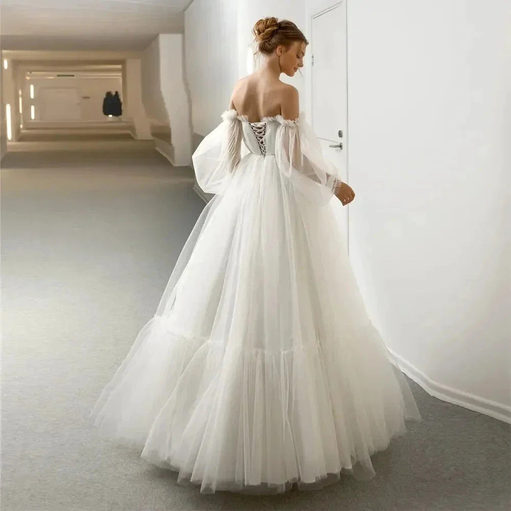 Appliques Vestido De Noiva Sexy Backless A Line Vestidos De Novia Bishop Sleeve Wedding Dresses Lace Robe De Mariée