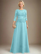 A-line Scoop Illusion Floor-Length Chiffon Lace Mother of the Bride Dress With Pleated Sequins Beading