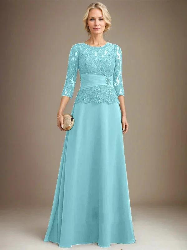 A-line Scoop Illusion Floor-Length Chiffon Lace Mother of the Bride Dress With Pleated Sequins Beading