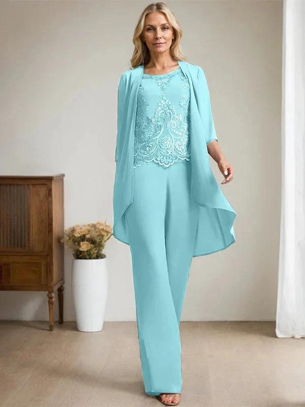 Separates Jumpsuit/Pantsuit Scoop Floor-Length Chiffon Lace Mother of the Bride Dress With Beading Sequins