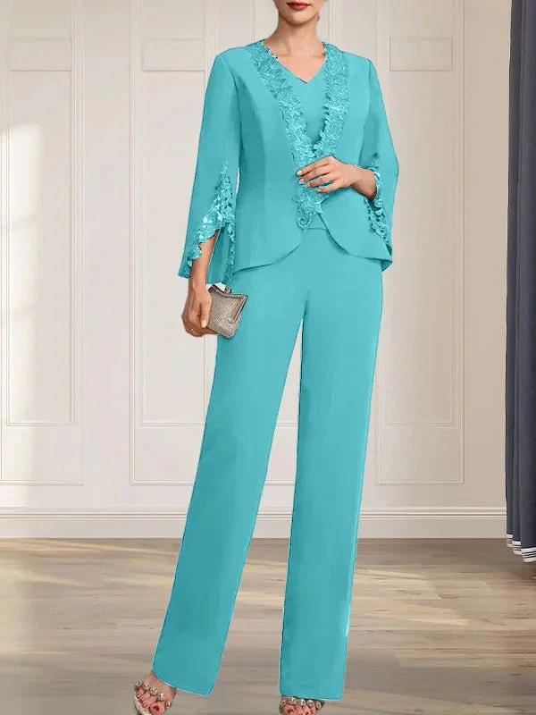 Separates Jumpsuit/Pantsuit V-Neck Floor-Length Chiffon Mother of the Bride Dress